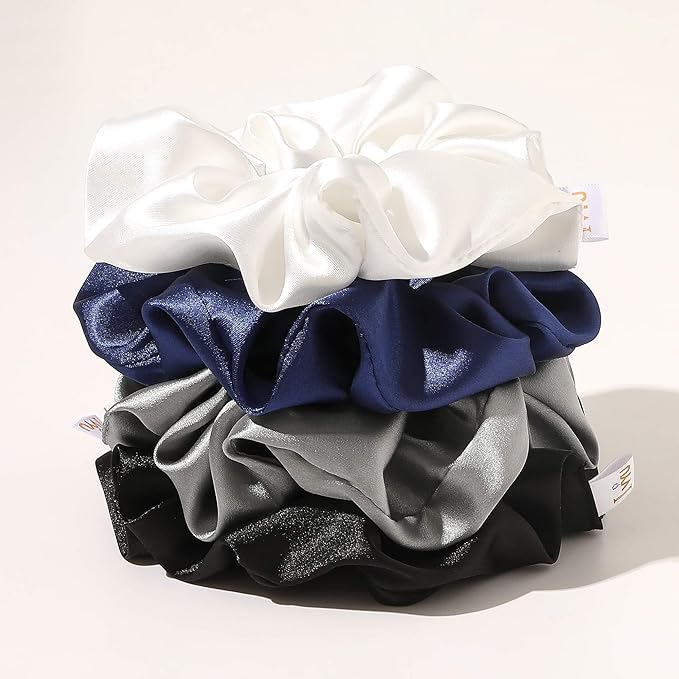 Ivyu Scrunchies, 4 Pack Silk Scrunchy for Girls Women Cute Hairties Hair Accessories Soft Ropes Ponytail Holder, White, Black, Navy, Gray