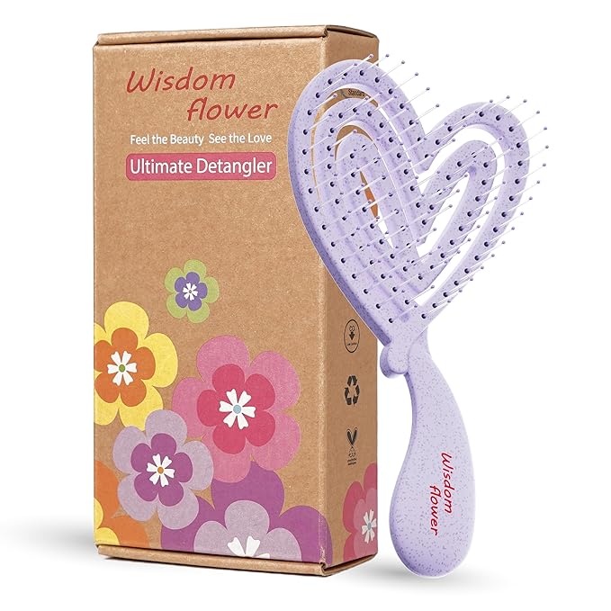 Detangler Brush – Heart-Shaped Detangling Brush for Curly, Wavy, Thick Hair – Lilac Veil Hairbrush for Women with Bowl-Curve, Flexible Bristles, Blow Dryer Safe, Small