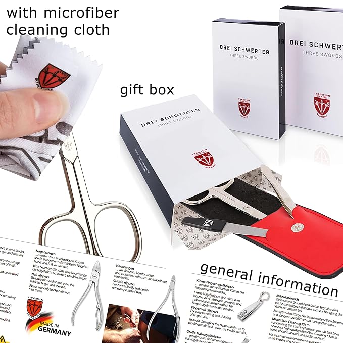 3 Swords Germany - brand quality 3 piece manicure pedicure grooming kit set for professional finger & toe nail care scissors file genuine leather case in gift box, Made in Solingen Germany (03744 )