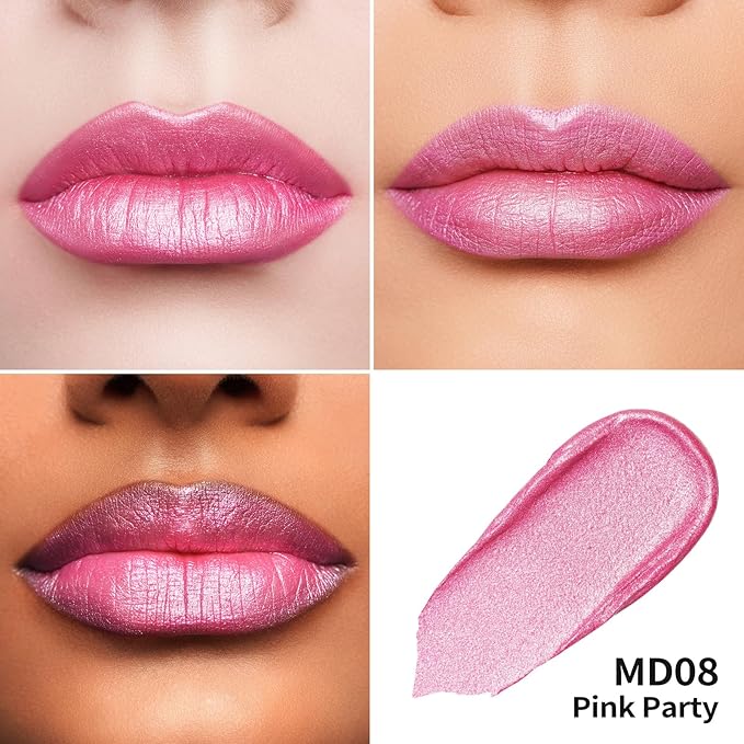 Oulac Pink Metallic Lipstick for Women, Long Lasting Lip Gloss Waterproof, Lips & Eye 2 IN 1 Lip Makeup, High Impact Lip Color, 3D Metallic Finish, No Transfer, Vegan MD08