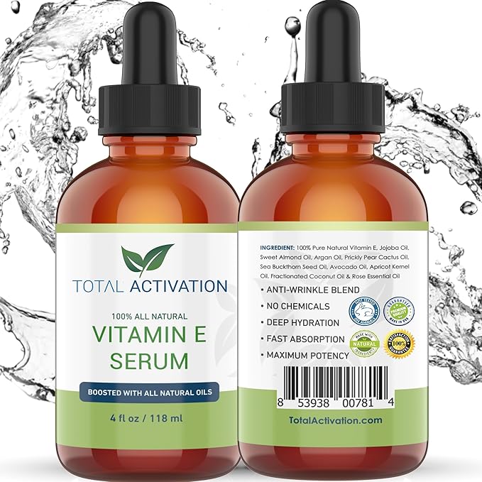 Total Activation Vitamin E Face Serum – Organic Vitamin E Oil 100% Pure, Cold Pressed for Skin, Face, Hair & Nails – Moisturizer for Dry Skin, Scars & Anti-Aging – for Glowing Skin – 4 oz