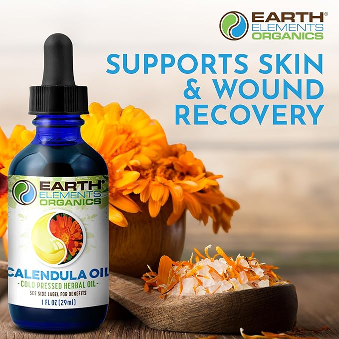 Calendula Oil with Sunflower Oil, Herbal Care for Chapped or Damaged Skin, Organic Skincare for All Skin Types - 1 fl oz