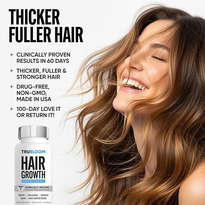 Tru Bloom Hair Growth Vitamins - 1 Month Supply. Clinically Proven to Grow Fuller, Thicker Hair. Drug-Free with Biotin, Collagen, Keratin, MSM, Zinc, D3 + Hair Superfoods