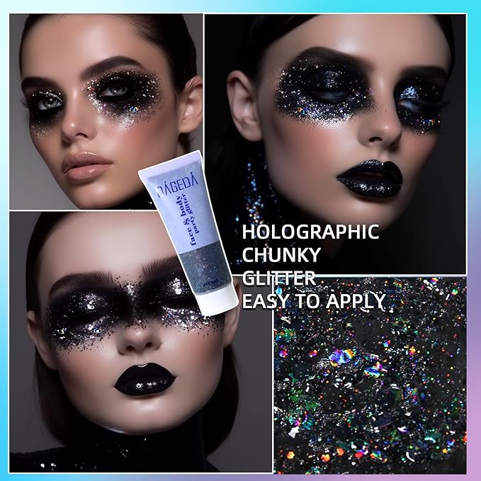DAGEDA Body Glitter Gel, Face Glitters Body Gel Sequins Shimmer Liquid Eyeshadow, Chunky Glitter for Face Hair Nails, Holographic Cosmetic Laser Powder Festival Glitter Makeup 1.7oz (Black)
