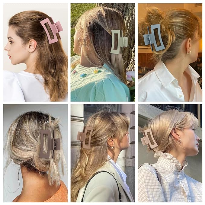 Square Hair Clips 3.5 Inch Medium Claw Clips Rectangle Hair Claw Clips 6 Pack Rubber Paint Jaw Non-Slip Thick Hair Accessories for Women Girls -Brown Colorful