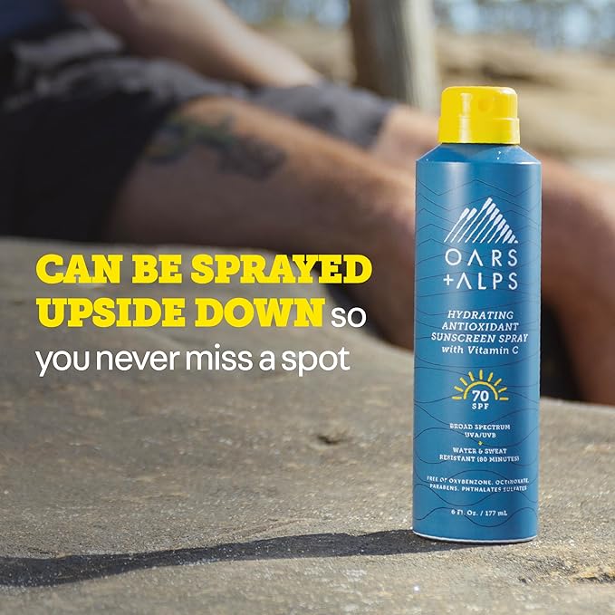 Oars + Alps Sunscreen Spray for Face & Body Spray Sunscreen Infused with Vitamin C & Antioxidants, No White Residue, Water & Sweat Resistant, All Skin Types, Lightweight, Hydrating, SPF 70, 6 Oz, 2pk