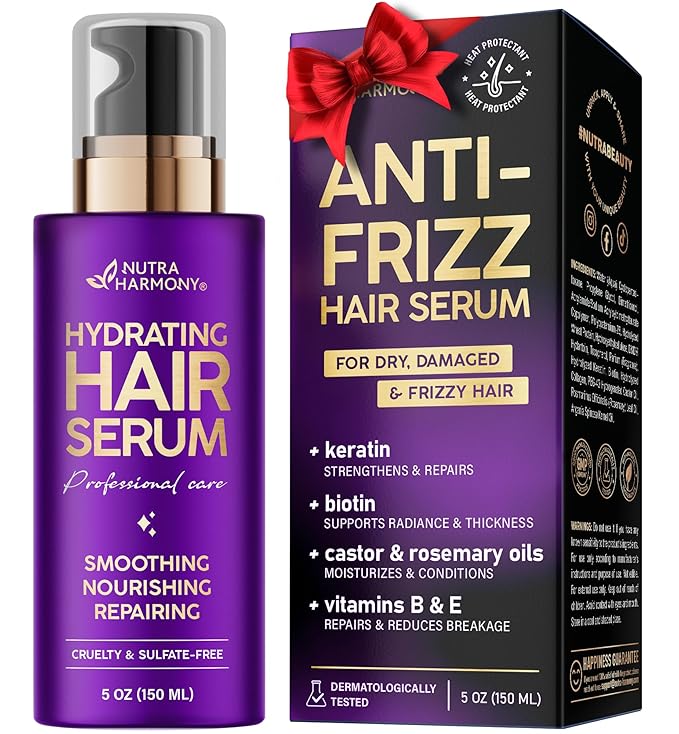 NUTRAHARMONY Hydrating Hair Serum – Keratin Hair Treatment for Dry, Frizzy, Damaged Hair – Biotin, Castor & Rosemary Oils – Anti‑Frizz, Heat Protectant & Split Ends Repair for Smooth, Shiny Hair, 5oz