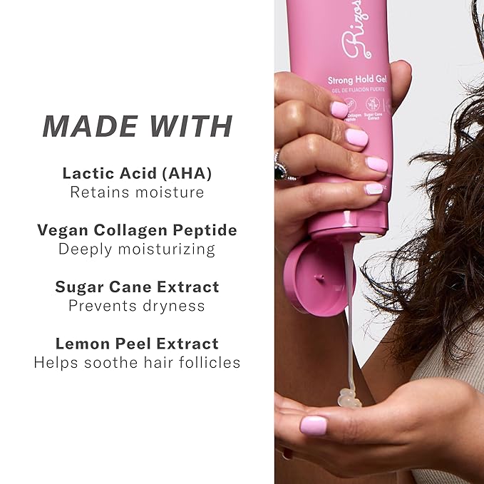 Rizos Curls Strong Hold Gel - Long-Lasting, Flake-Free Gel for Curly, Coily, and Wavy Hair, Frizz Control, Curl Definition & Shine, Vegan Collagen Peptides & Sugar Cane Extract, 8oz