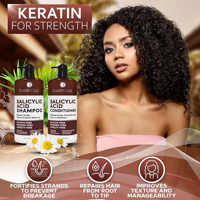 Salicylic Acid Shampoo and Conditioner Set - Scalp Exfoliator Formula for Flakes - Anti Dandruff and Itch Relief for Women and Men - Sulfate and Paraben Free - For Dry, Flaky, Itchy and Oily Hair