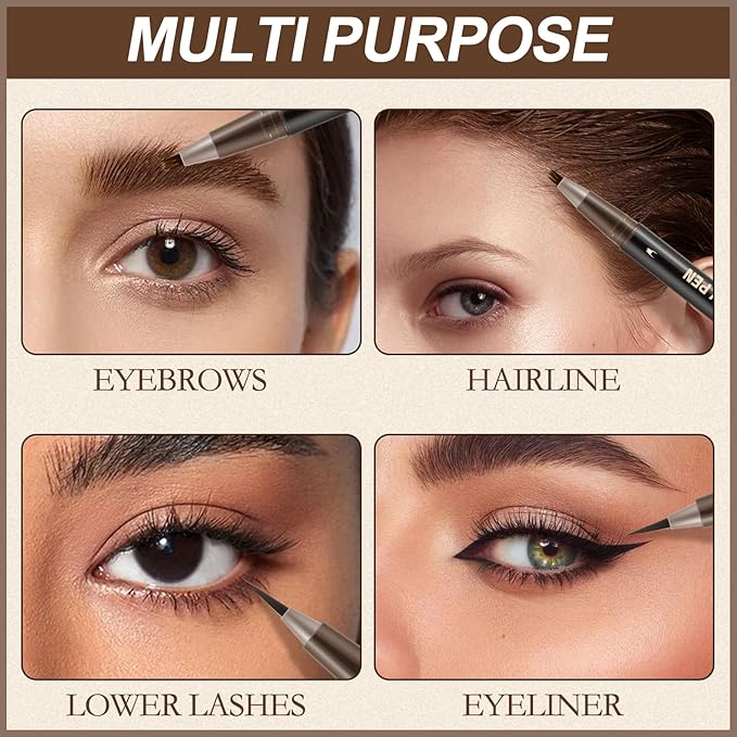 Boobeen 3pcs Waterproof Eyebrow Pen，Dual-Ended Eyeliner Microblading Eyebrow Pencil for Women，Long Lasting Hair-Like Brow Pen with Brow Brush，Dark Brown