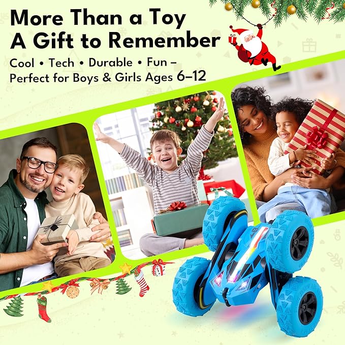 Threeking Remote Control Car RC Cars Toys for Boys Girls Ages 6-12, Upgraded USB-C Modular Batteries, 4WD Stunt Car with Breathing Soft Lights, Double-Sided Driving & 360° Flips, Presents Gifts, Blue