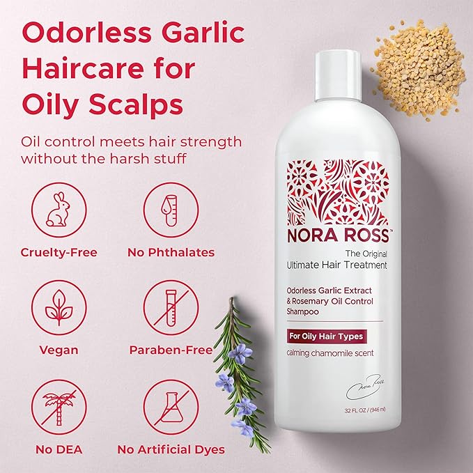 Nora Ross Garlic Extract Oil Control Clarifying Shampoo with Rosemary – Strengthening Shampoo for Women and Men – Deep Cleansing Vegan Formula for Build Up and Greasy Scalp with Fresh Chamomile – 32oz