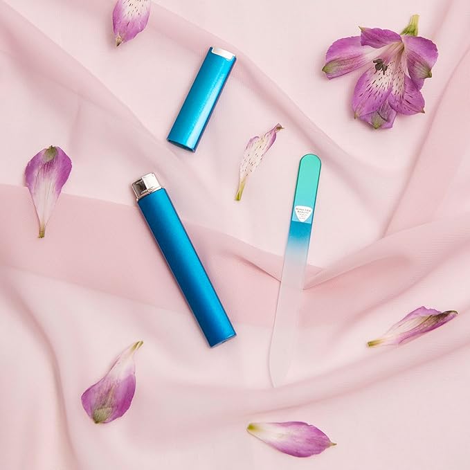 Bona Fide Beauty Glass Nail File with Case (Aqua) - 1 Piece Luxurious Gifts for Women, Crystal Etched Nail File for Natural Nails