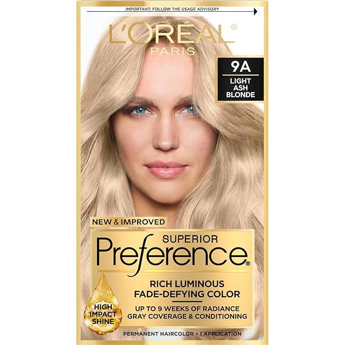 L'Oreal Paris Superior Preference Luminous Fade-Defying Permanent Hair Color, Hair Dye For Up to 9 Weeks of Radiance, Light Ash Blonde 9A, 1 Hair Dye Kit