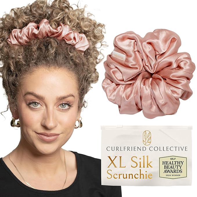 Silk Scrunchies for Women Ponytail Holders – Oversized Mulberry Silk Scrunchies – Extra Large No Damage Hair Ties for Curly, Thick, and Thin - Hair Accessories for Women – Blush Pink, XL By Curlfriend