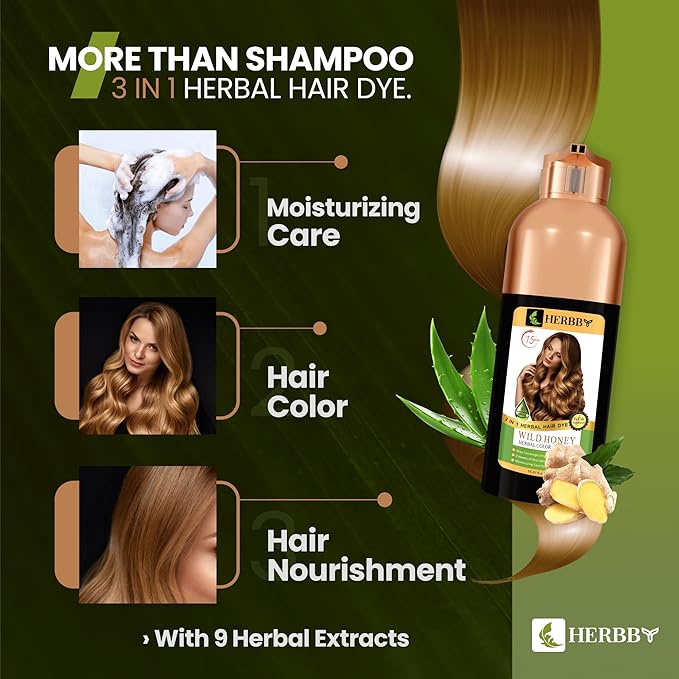 HERBBY Hair Color Shampoo for Gray Hair Coverage&Color Transform with 9 Herbal Extracts –Long Lasting(6-8 Weeks),Shiny,Evenly Colored,Instant Hair Dye Shampoo&Conditioner, 500 Ml (WILD HONEY COLOR)