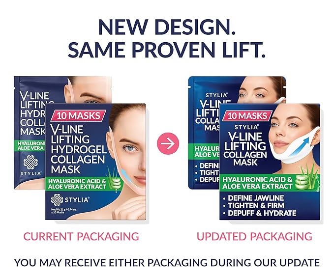 Stylia V Line Lifting Collagen Mask - Lift, Firm & Contour Jawline - Double Chin Reducer Strap with Hyaluronic Acid & Aloe - Neck Tightening and Lifting Mask - Jawline Shaper Face Lift Tape (10PC)