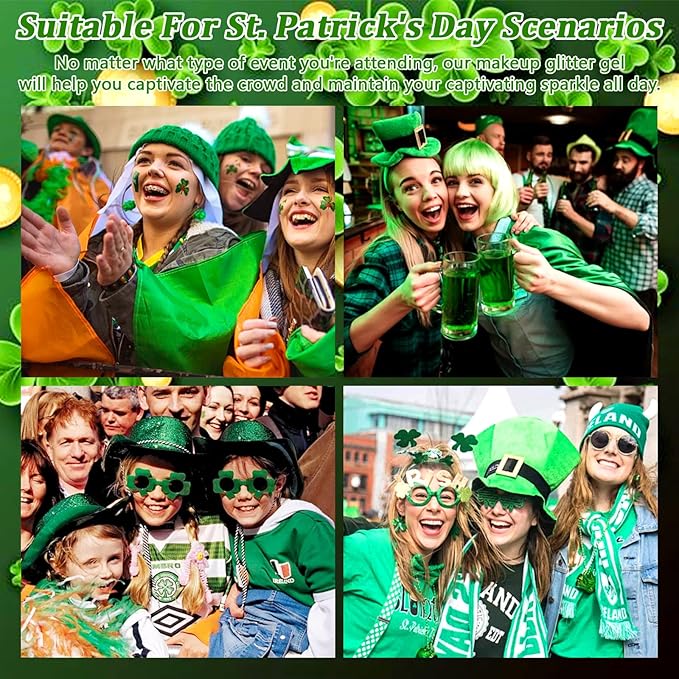 Boko 50ML Body Glitter Gel, Green St. Patrick's Day Chunky Glitter Gel for Face Hair Body Sparkle Makeup, Mermaid Face Glitter Sequins for St. Patrick's Day Concert Party Rave Accessories