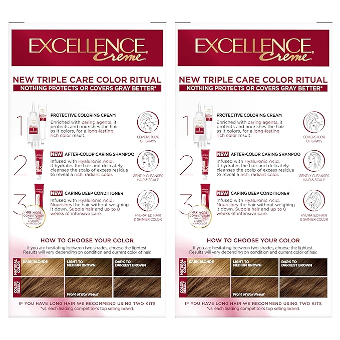 L'Oreal Paris Excellence Crème Permanent Hair Dye, Triple Care Hair Color with Pro-Keratine Complex for 100% Gray Hair Coverage, 5G Medium Golden Brown, 1 Kit (Pack of 2)
