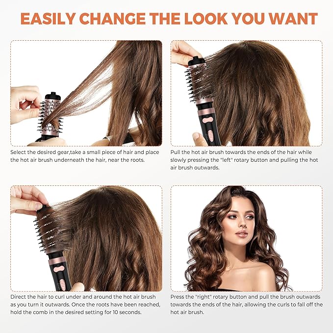 3 in 1 Rotating Hair Dryer Brush, Auto Rotating Blow Dryer Brush Spinning with 2 Brushes (2" & 1.5"), Negative Ionic Brush Blow Dryer, Round Brush Blow Dryer Volumize Curling 100-120V