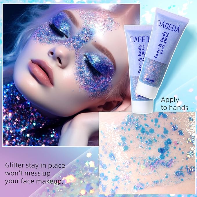 DAGEDA Body Glitter Gel, Face Glitters Body Gel Sequins Shimmer Liquid Eyeshadow, Chunky Glitter for Face Hair Nails, Holographic Cosmetic Laser Powder Festival Glitter Makeup 1.7oz (Mermaid)