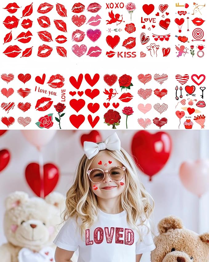 Temporary Tattoos for Kids, 12 Sheets Love Heart Confession Decorations for Classroom Girls Boys School Class Bday, 113pcs Pattern for Festivals and Parties (Red - Love)