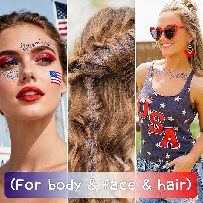 Patriotic Body Glitter Stick, Waterproof Face Glitter Gel, Chunky Glitter Face Paint, 4th of July Red White Blue Sequin Hair Glitter Makeup for American Pride USA Flag Makeup for Independence Day