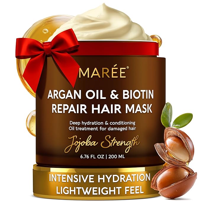 MAREE Deep Conditioning Hair Mask for Damaged Hair – Argan Oil & Biotin Jojoba Hair Treatment – Hair Repair Mask for Dry, Curly, Frizzy Color-Treated Hair Care – Mascarilla Para el Cabello Hidratante
