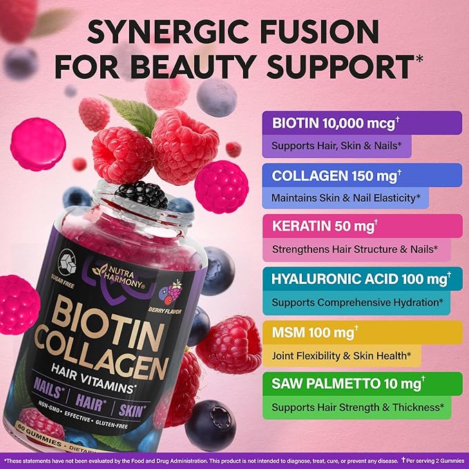 Biotin Gummies with Collagen - Hair Growth Support Skin, & Nail Strength - for Women & Men - Biotin 10000mcg | Keratin | Hyaluronic Acid | B-Complex | Saw Palmetto - Sugar-Free, Mixed Berry, Pack of 2
