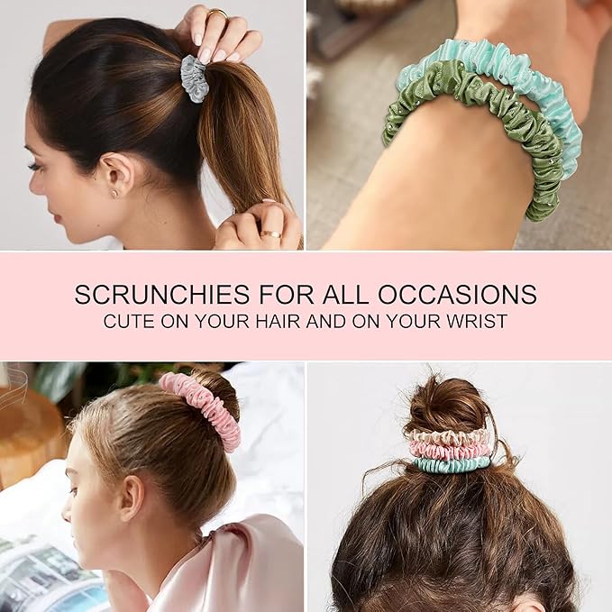 Scrunchies Silk Satin Hair Ties - Small Mini Thin Elestics Ponytail Holder Hair Bands Skinny Scrunchy For Thick Curl Hair No Crease Hair Ties Soft Accessories No Hurt Your Hair for Women and Girls