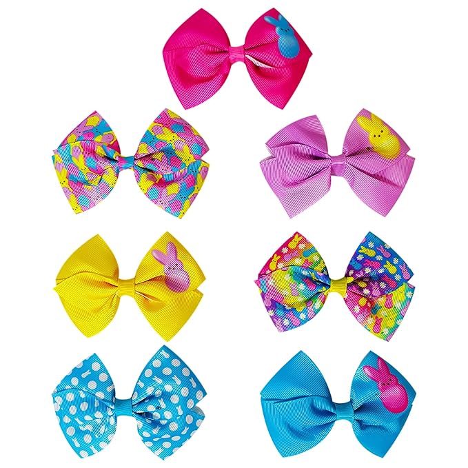 PEEPS Hair Bows Bundle - 7 Pcs 4 Inch Alligator Clips with Different Prints, Easter Bunny Themed for Girls, Toddlers 3+