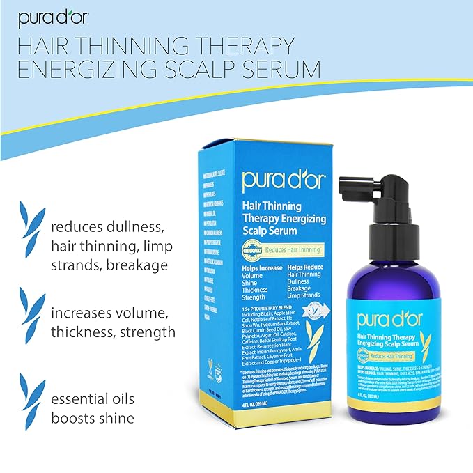 PURA D'OR Hair Thinning Therapy Energizing Scalp Serum 4oz w/Copper Tripeptide, Biotin, Caffeine, Plant Stem Cell, Catalase & DHT Balance, Rosemary Green Tea Leaf Extract, All Hair Types, Men Women