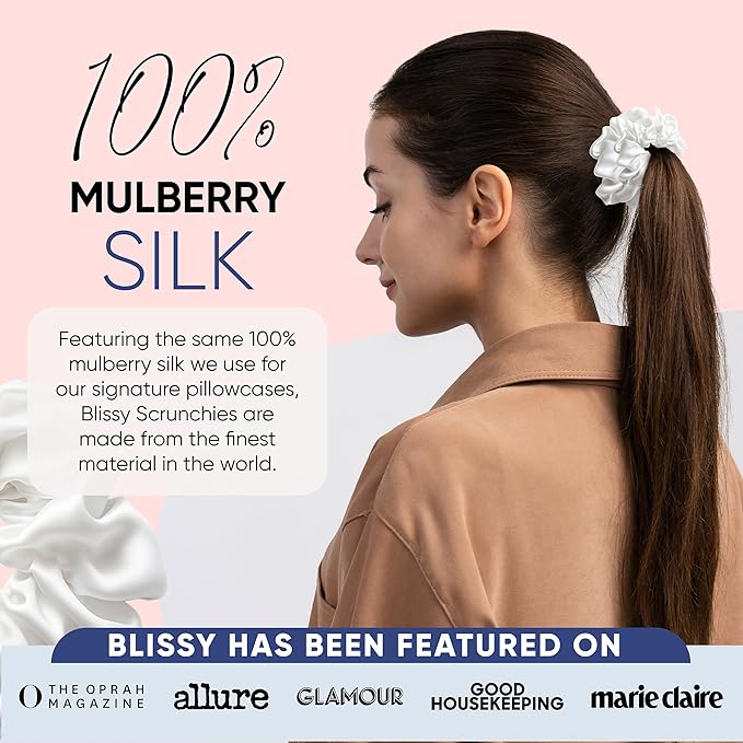 Blissy Silk Scrunchies (3 Pack) - 100% Pure Mulberry Silk - 22 Momme 6A High-Grade Fibers Scrunchie for Straight & Curly Hair - Preventing Breakage, Tangling, & Creasing (White Skinny)