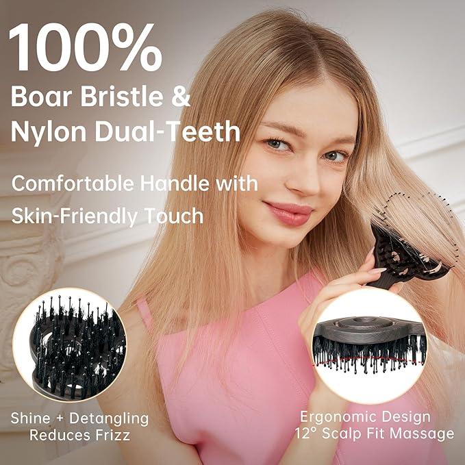 Simetra Detangler Hair Brush for Woman and Men, Holiday Present - Original Detangling Brush for Curly Hair/Wet & Dry Hair, Natural Boar Bristles Hairbrush - Natural Crystal Inlay & 14K Gold Plating