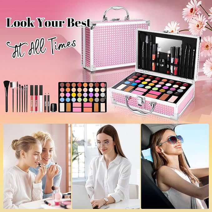 Beginner Makeup Kit for Teen,Makeup Set for Girl Women,Beginner Makeup Kit with Cosmetic Train Case Included 32 Colors Eyeshadow Blush Contour Lip Liner Lip Gloss Eyeliner Brush Set Mirror
