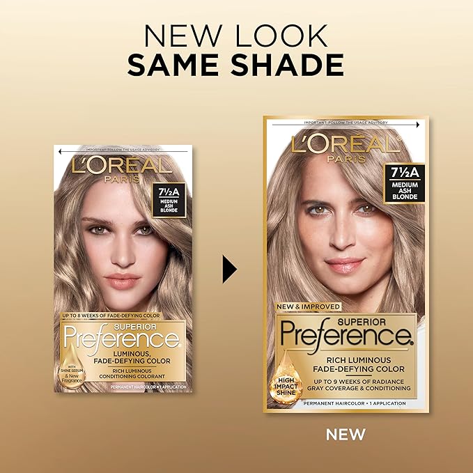 L'Oreal Paris Superior Preference Luminous Fade-Defying Permanent Hair Color, Hair Dye For Up to 9 Weeks of Radiance, Medium Ash Blonde 7.5A, 1 Hair Dye Kit