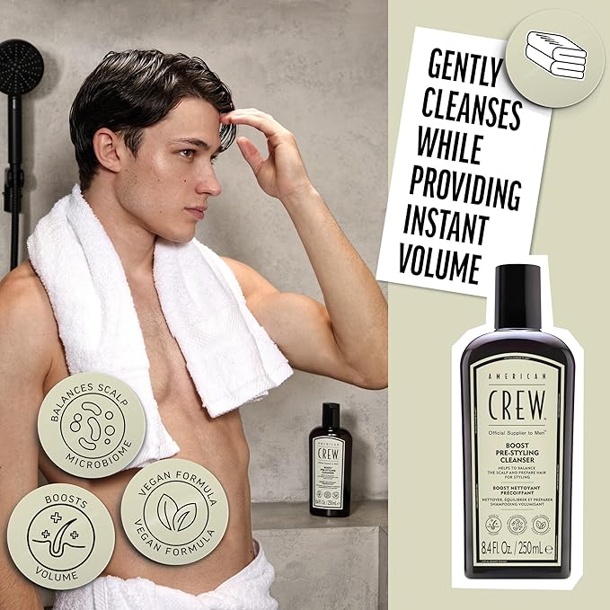 AMERICAN CREW Men's Pre Styler Boost Shampoo for Fine & Thin Hair, Instantly Volumizing Formula, Adds Volume, Lift, & Shine, Vegan, 8.4 fl oz