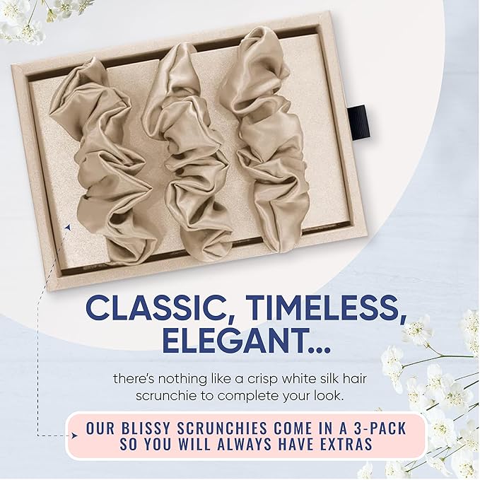 Blissy Silk Scrunchies (3 Pack) - 100% Pure Mulberry Silk - 22 Momme 6A High-Grade Fibers Scrunchie for Straight & Curly Hair - Preventing Breakage, Tangling, & Creasing (Champagne Skinny)