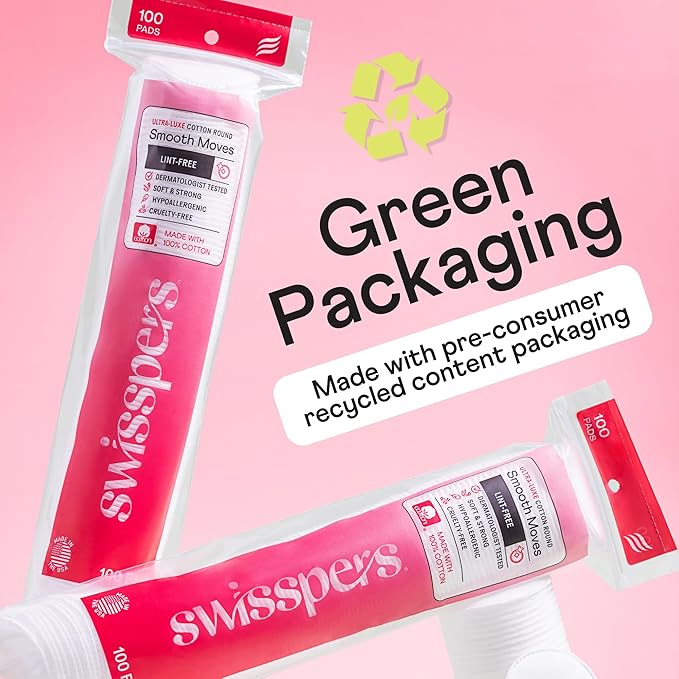 Swisspers Smooth Moves Ultra-Luxe Premium Cotton Rounds, Hypoallergenic Makeup Remover Pads for Sensitive Skin, USA Made, Vegan, Lint-Free, Paraben Free, 100 Count 6-Pack