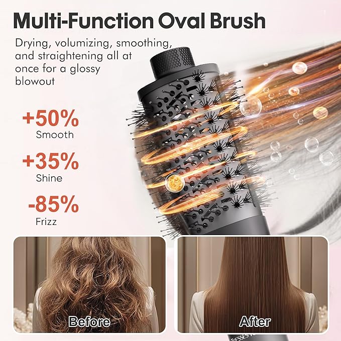 6 in 1 Blow Dryer Brush Set, Powerful Hair Dryer Brush with Auto-Winding Curl L/R, Fast Drying, Smooth Blowouts, Root-Lift Volume, No Heat Damage Frizz-Free Thermal Brush, Hot Air Styler for Travel