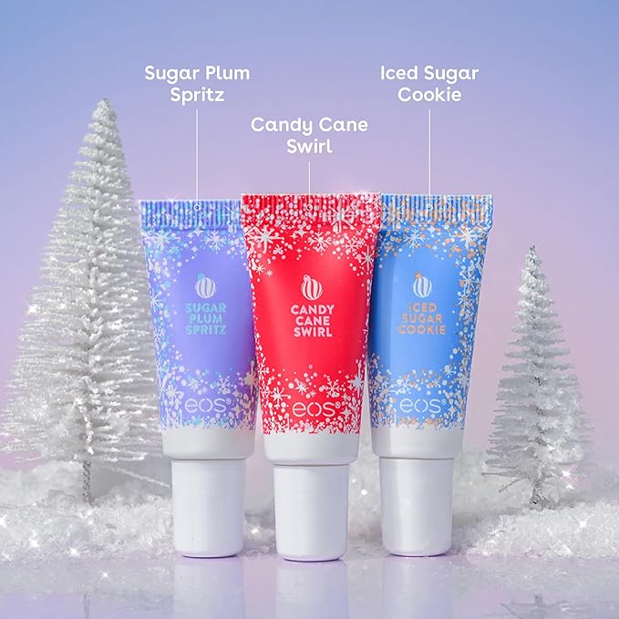 eos Holiday 24H Moisture Mini Super Balm Set, Sugar Plum Spritz, Candy Cane Swirl, Iced Sugar Cookie, Limited Edition Lip Care, Stocking Stuffers, 0.24 fl oz, 3-pack