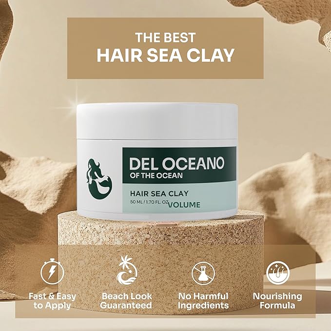 Del Océano Hair Styling Sea Clay - Strong Hold, Matte Finish, Nourishing Formula Hair Clay for Men, Ideal for Hairstyling Medium, Messy, Fine Thinning Hair Styles, 2.7 oz