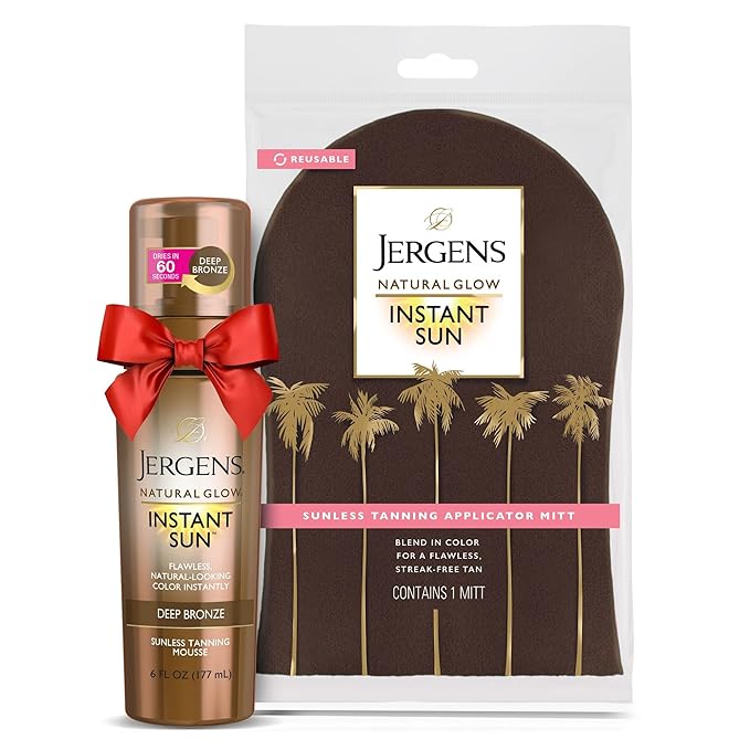Jergens Natural Glow Instant Sun Self Tanner Mousse Bundle, Deep Bronze, Sunless Tanning, 6 Oz Bottle and Application Mitt