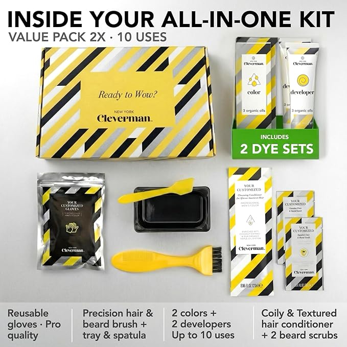 2X Pack Cleverman Hair & Beard Dye Kit for Men, All-in-One Reusable Mens Hair Color, Natural Gray Coverage, Ammonia-Free Beard Mustache Dye for Men (Black for Black Men)