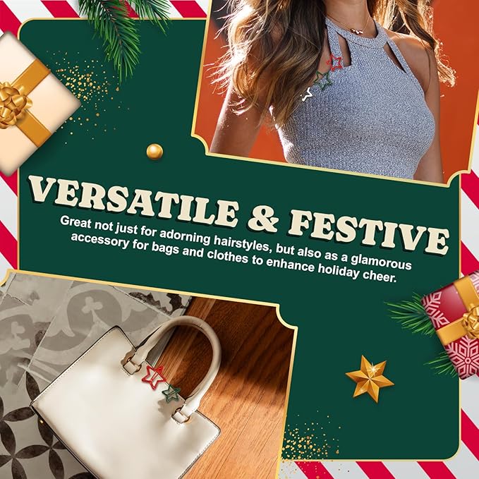 White Green Red Star Hair Clips Accessories for Girls Women Kids, Metal Snap Barrettes Cute Colorful Pins for Party Rave Large & Small Size 36pcs (Christmas)