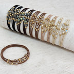 10pcs Brown Hair Ties with Gold & Crystal Beads, Thin Elastic Ponytail Holders for Women, No Damage, Stylish Hair Accessories