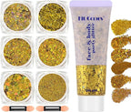 Gold Face and Body Glitter Gel, Party Concerts Cheer Face Paint Holographic Chunky Festival Rave Accessories Glitter Makeup Gel, 6 Kinds of Sparkling Sequins for Hair Nail Eye Lip Body
