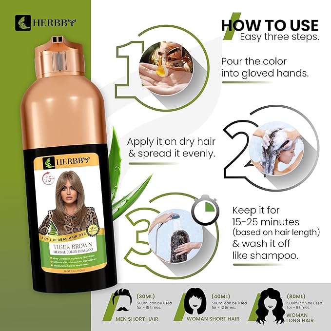 HERBBY Hair Color Shampoo for Gray Hair Coverage&Color Transform with 9 Herbal Extracts –Long Lasting(6-8 Weeks),Shiny,Evenly Colored,Instant Hair Dye Shampoo&Conditioner, 500 Ml (TIGER BROWN COLOR)