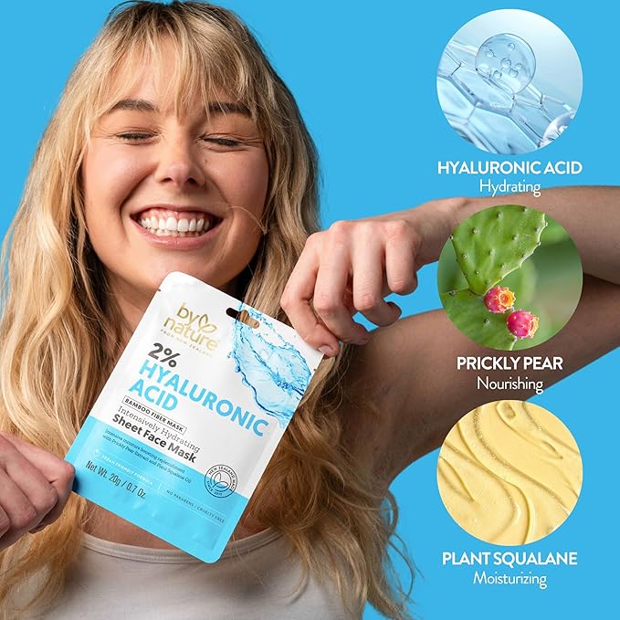 By Nature 2% Hyaluronic Acid Sheet Face Mask for Dry, Dehydrated & Sensitive Skin – Hydration Boost with Prickly Pear & Squalane – Made in New Zealand – Pack of 12