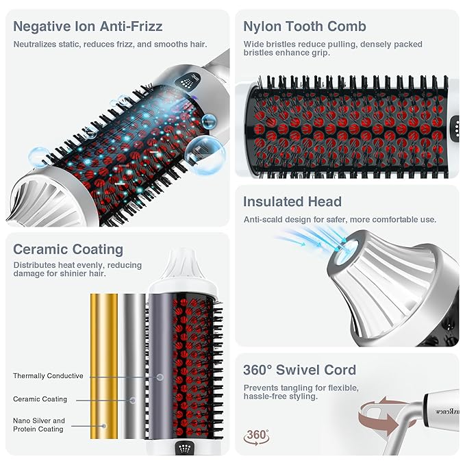 Infrared Bounce Brush, Heated Thermal Round Brush with Negative Ion Technology, 8 Heat Settings for Blowout Look with Hair Care Oil, Straightening & Curling, 1.65" Barrel for All Hair Types, White